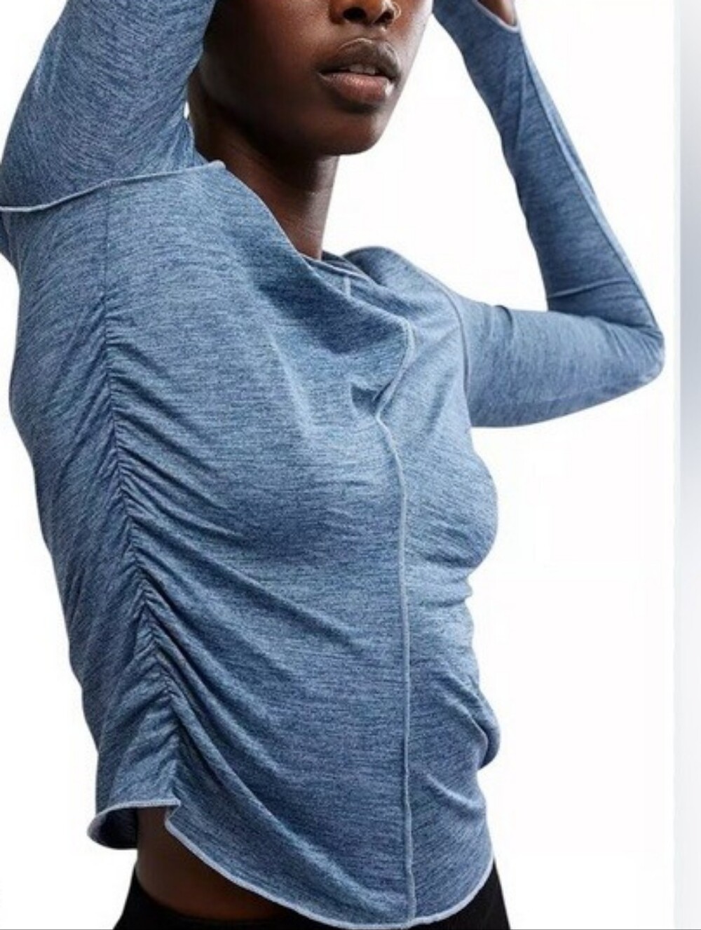 FP Movement by Free People Long-Sleeve Ruched Heathered Blue Top Size: Small